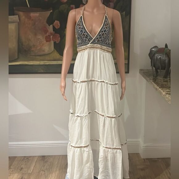 L'ATISTE White Tiered Sundress Maxi Halter Embroidered Sequins Bohemian Pearls - Picture 12 of 17